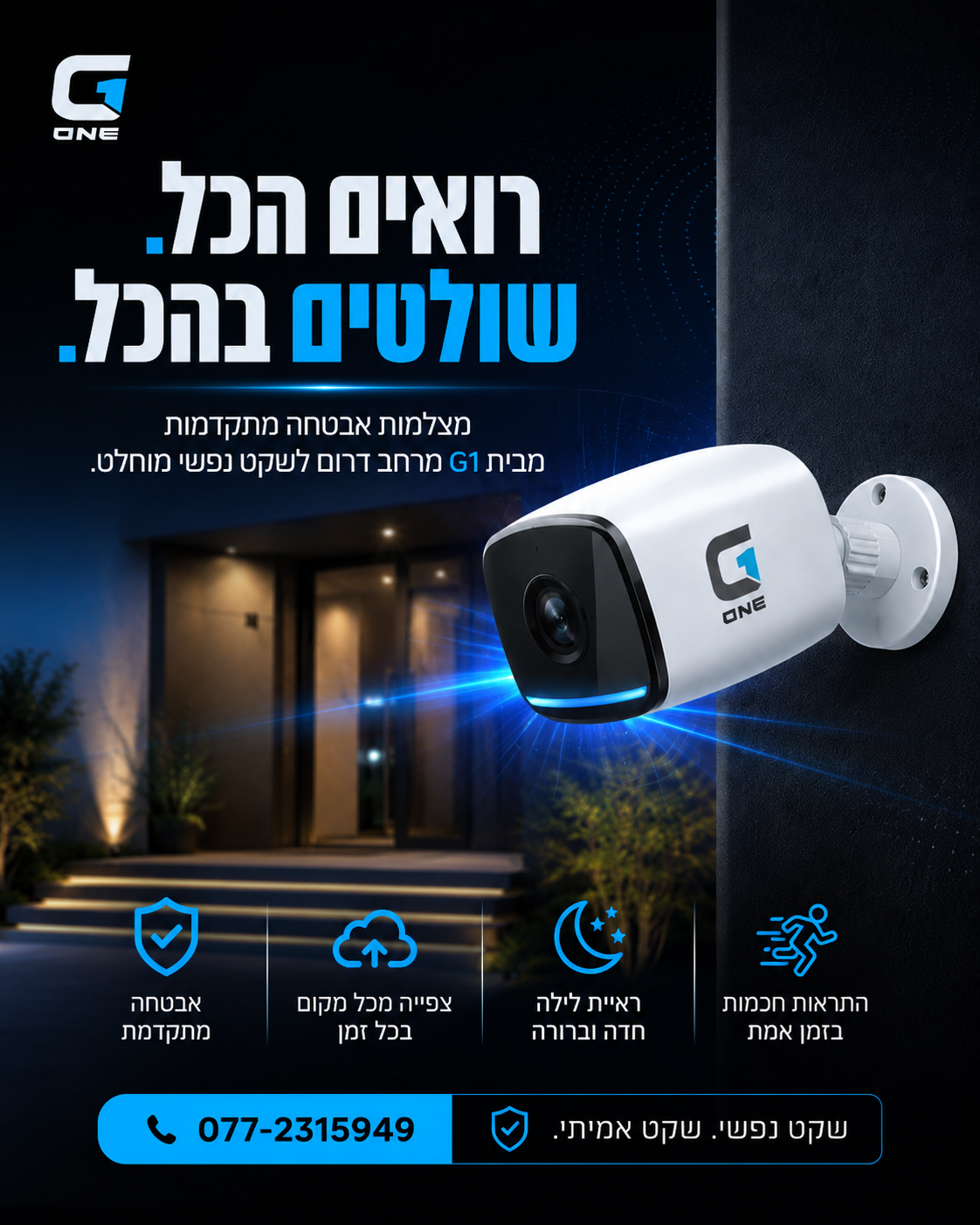 תארו לכם שיש לכם עיניים בכל פינה בעסק או בבית. בלי נקודות עיוורות, בלי דאגות מיותרות. מצלמות האבטחה המתקדמות של G1 מרחב