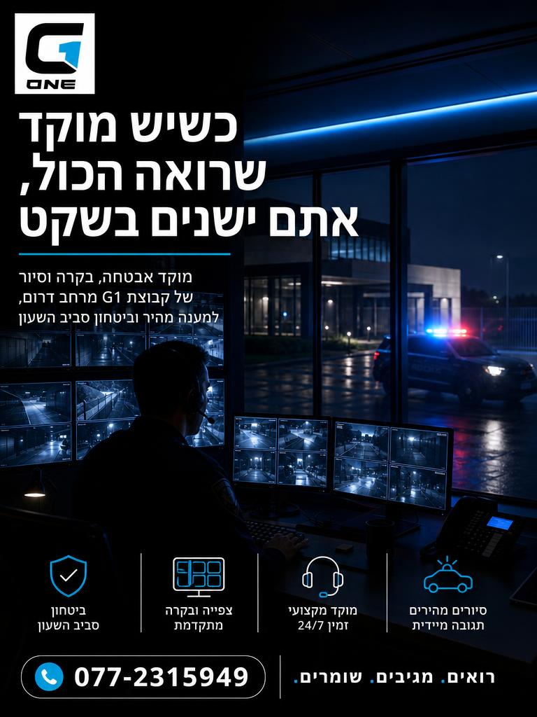 כשמשהו קורה בעסק, בבית או במוסד, כל דקה חשובה. מוקד האבטחה, הבקרה והסיור של קבוצת G1 מרחב דרום מחבר בין ניטור רציף, בקרה