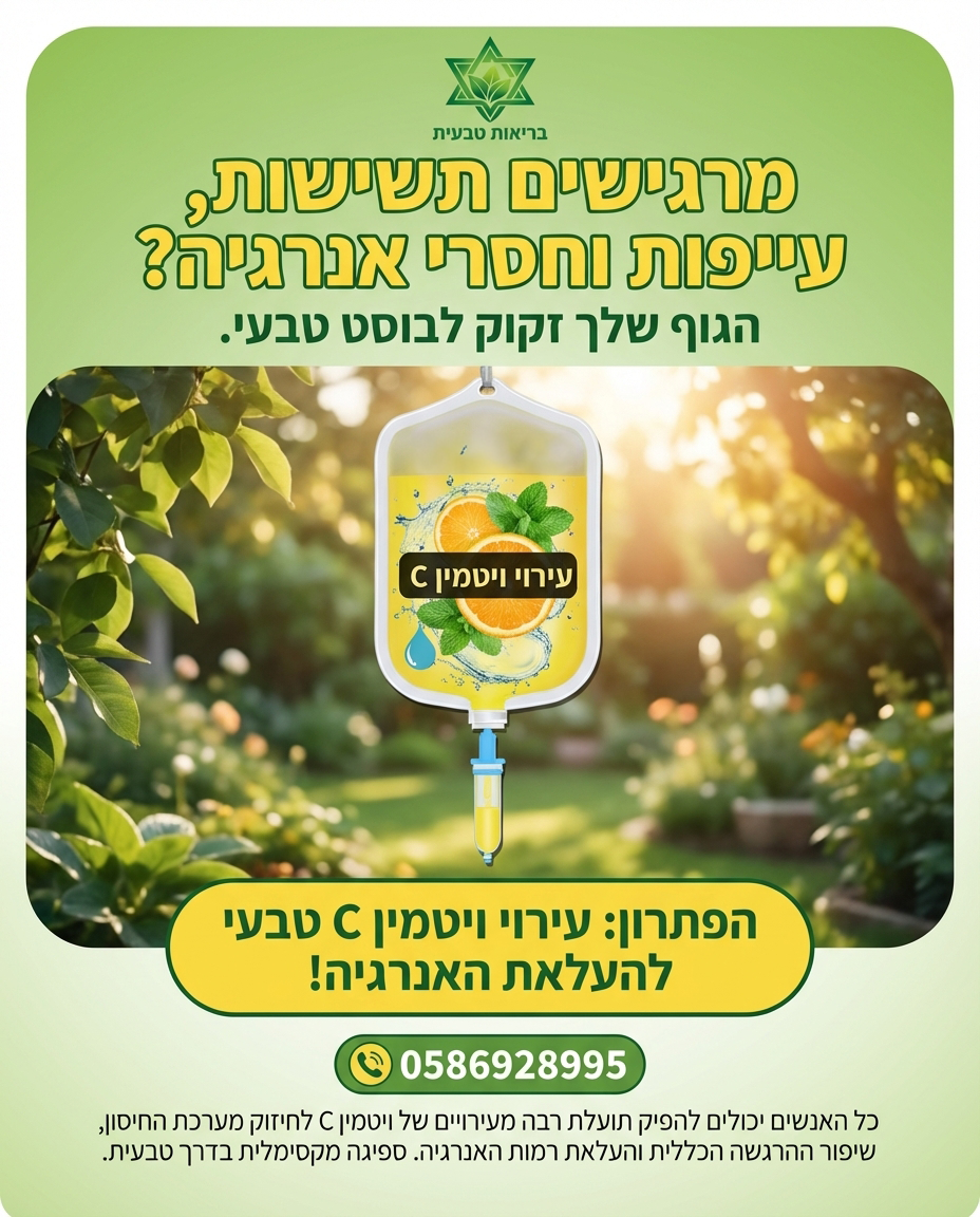 חשים עייפות או צריכים חיזוק? עירוי ויטמין C של 'בריאות טבעית' מספק ספיגה מקסימלית ישירות לווריד! קבלו בוסט של אנרגיה ורי