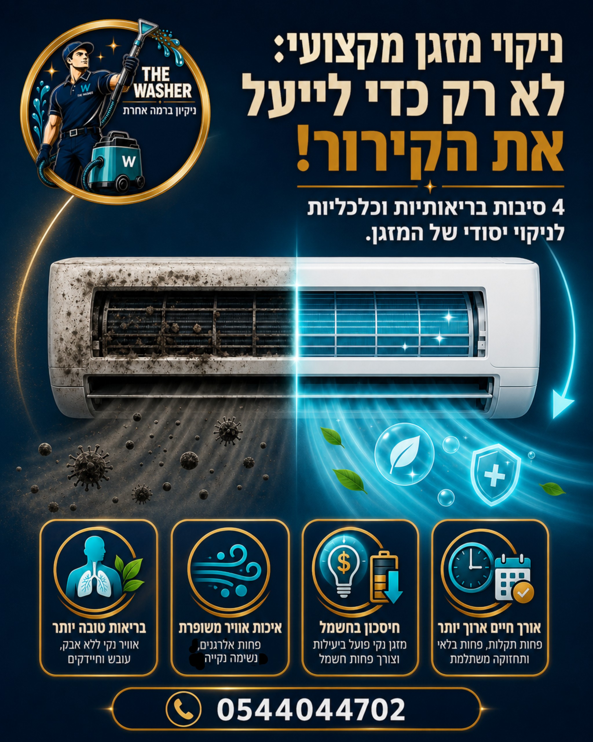 מזגן נקי הוא לא רק עניין של קירור, אלא גם של בריאות וחיסכון! 🌬️ רבים מאיתנו לא מודעים לכל הלכלוך, האבק, העובש והחיידקים