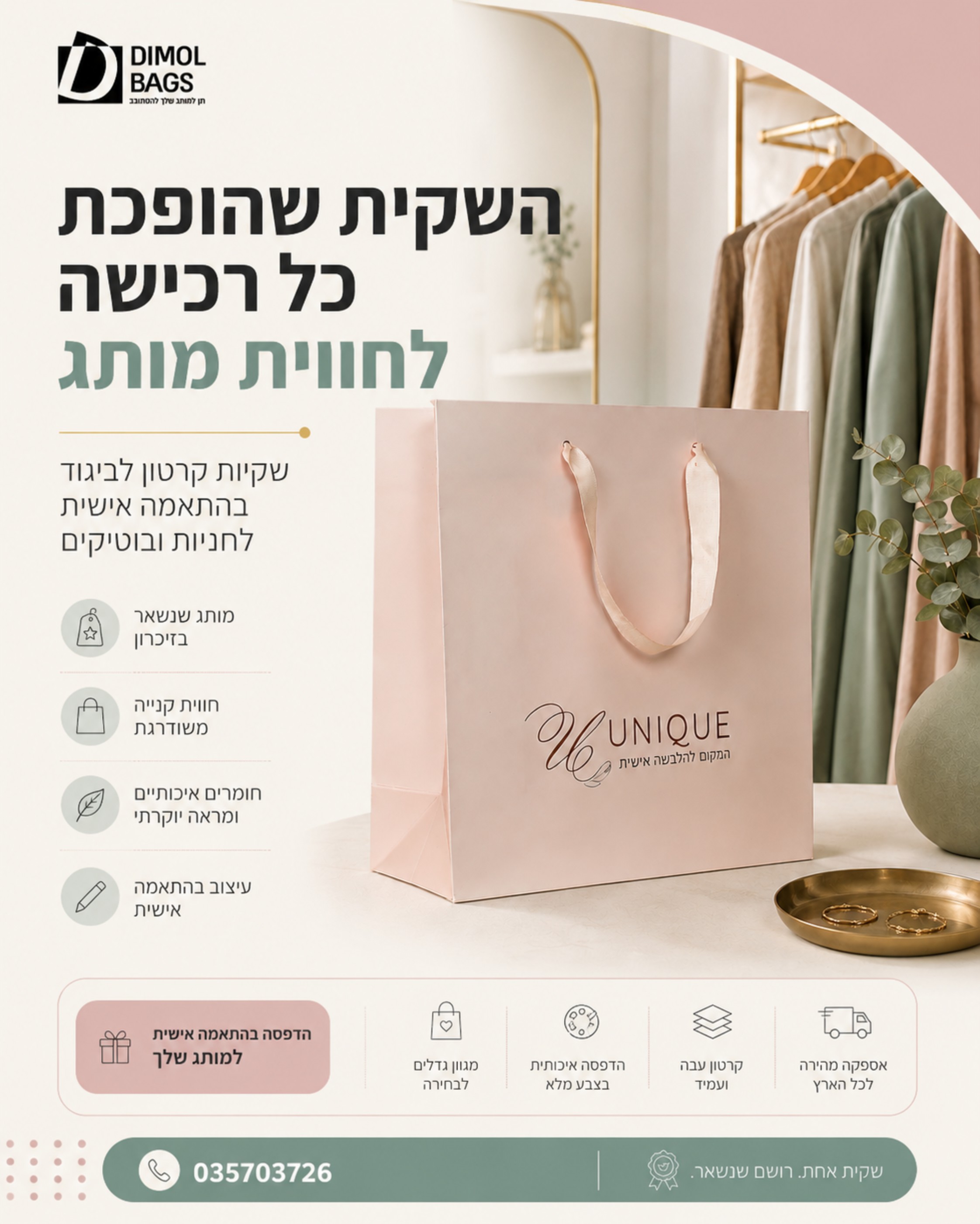 הבגד אולי נמכר בתוך החנות, אבל הרושם ממשיך ללכת עם הלקוח החוצה. שקיות קרטון לביגוד בעיצוב ממותג מעניקות לכל רכישה תחושה